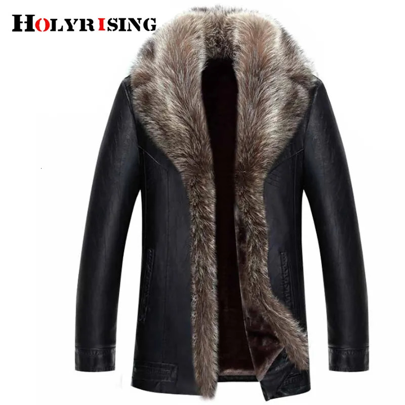 Men's Leather Faux Leather M-5XL Holyrising Real Raccoon Fur Collar Men Faux Leather Jackets Winter Thicken Coat jaqueta de couro chaqueta Men PU