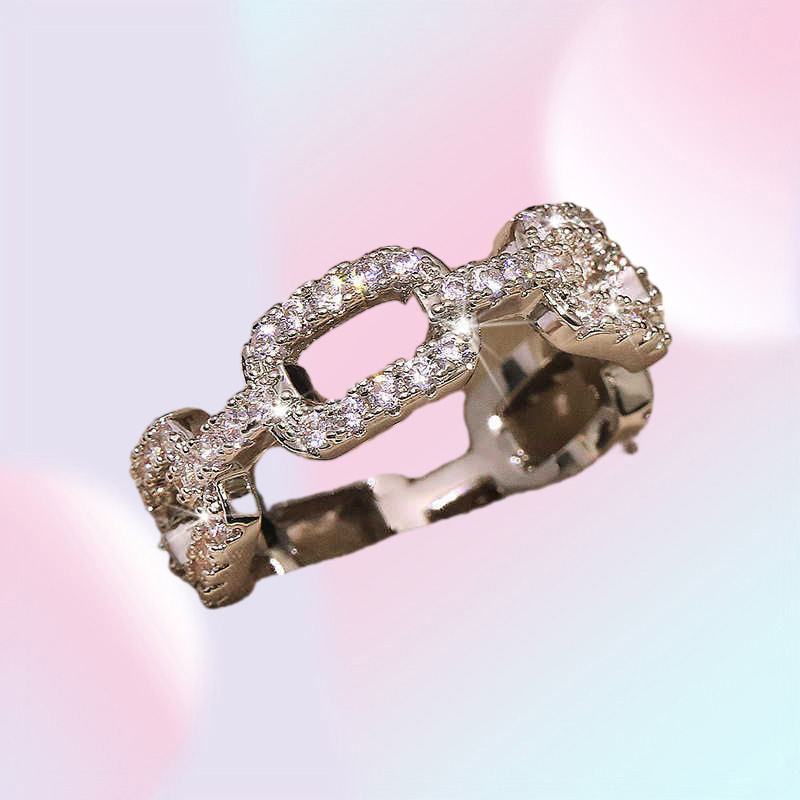 925 New Silver Color Chain Ring with Bling Zircon Stone Rings for Women Wedding Engagement Fashion Jewelry Gift Q07084543698