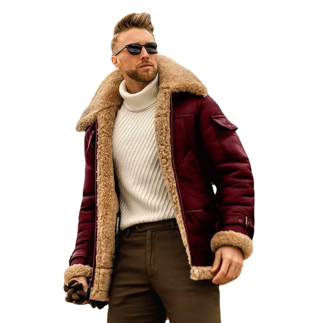 Men's Fur Faux Fur Fashion Men's Fleece Jacket Turn Down Fur Collar Thick Coats Thicken Warm Leather Outwear Male Winter Streetwear Windbrea