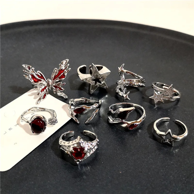Wedding Rings Korean Fashion Vintage Aesthetic Geometric Irregular Red Crystal Star Silver Color Metal Ring For Women Grunge Y2K EMO Jewelry 230928