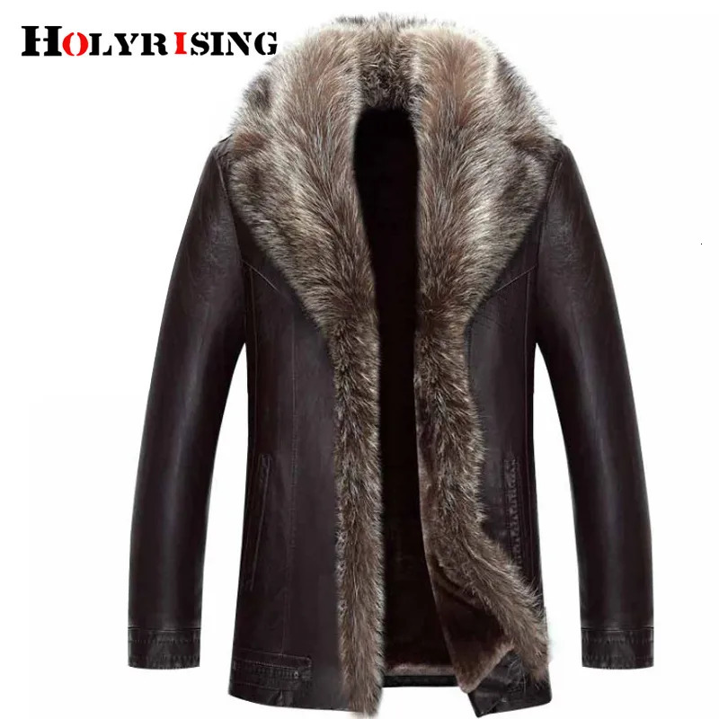 Men's Leather Faux Leather M-5XL Holyrising Real Raccoon Fur Collar Men Faux Leather Jackets Winter Thicken Coat jaqueta de couro chaqueta Men PU