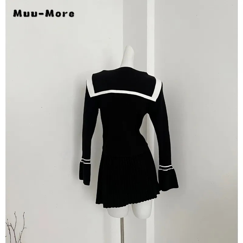 Two Piece Dress Women Vintage Sweet Long Sleeve Patchwork Slim Fit Mini Dresses Autumn Winter Elegant Casual Vneck Knitting ALine 230927