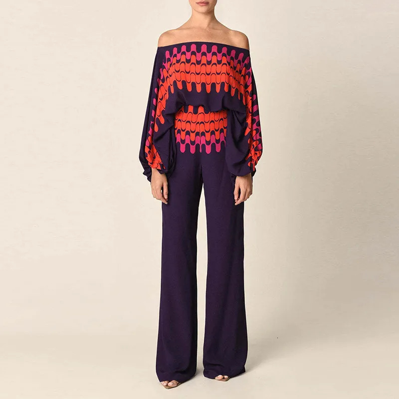 Women's Two Piece Pants Casual Satin Commuting Suit Fashion Hollow Off Shoulder Tops With Long Pants Women 2 Piece Sets Spring Loose Print Outfit