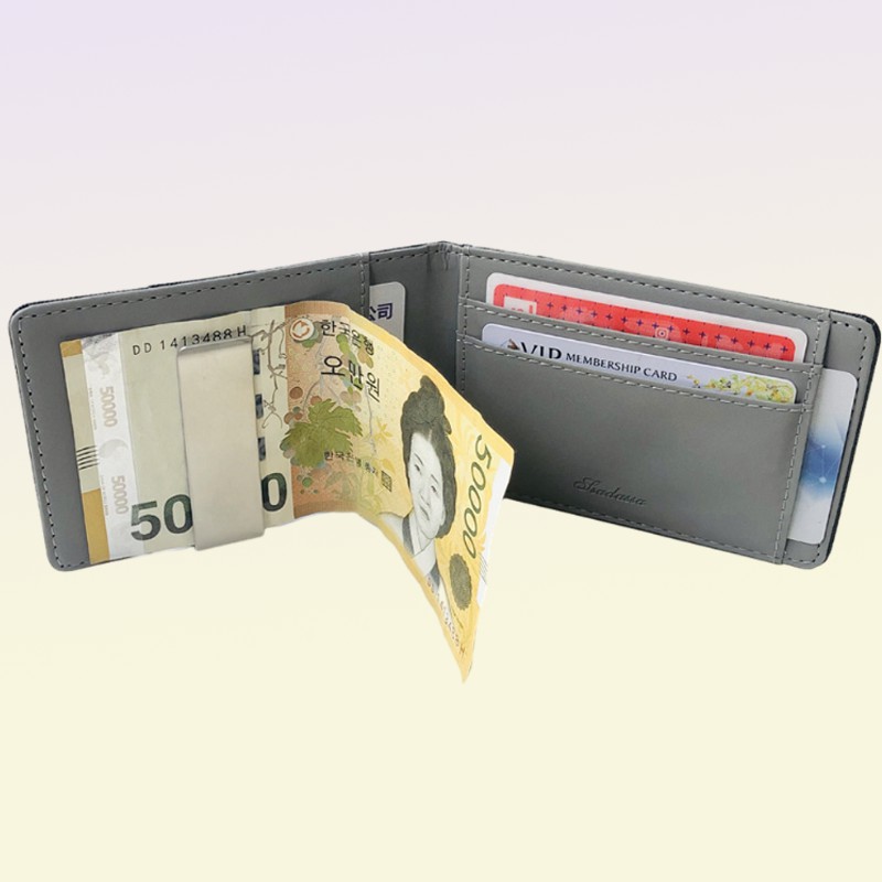 Fashion Solid Men039s Thin Bifold Money Clip Leather Wallet with A Metal Clamp Female