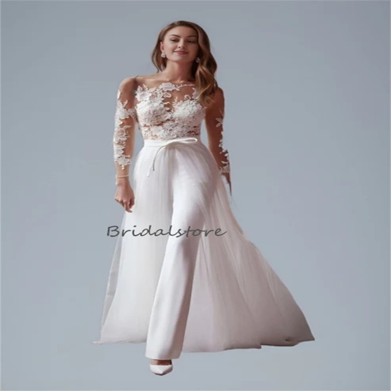Elegant Jumpsuit Wedding Dress With Detachable Train Long Sleeve Lace Boho Bride Dress 2024 See Through Beach Bohemian 2 in1 Civil Country Rustic Gard