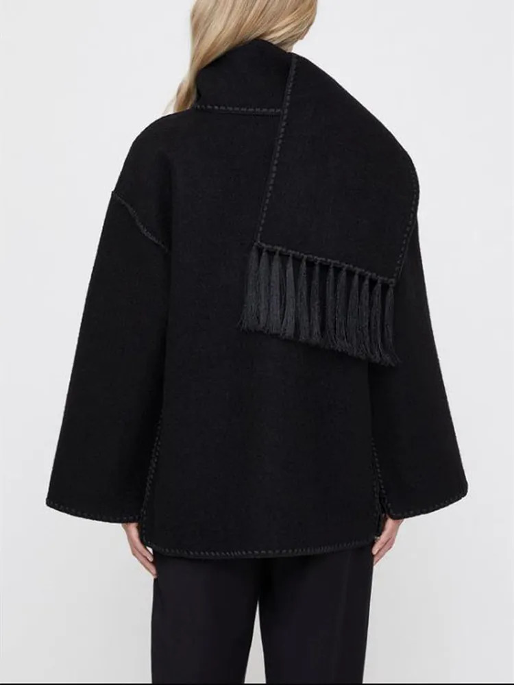 Womens Wool Blends Women Fringe Scarf Collar Coat Doublesided Woolen Single Breasted Autumn Winter Loose Embroidery Trim Female Casual Jacket 230927