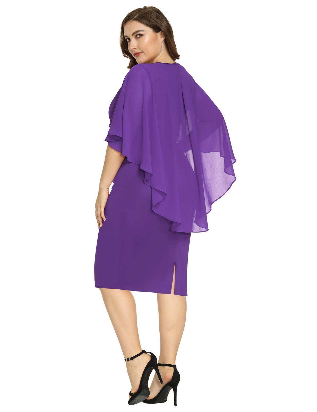 Purple Mother of the Bride Dresses With Chiffon Cape Jewel Neck Column Beaded Evening Gowns Knee Length Wedding Guest Dress