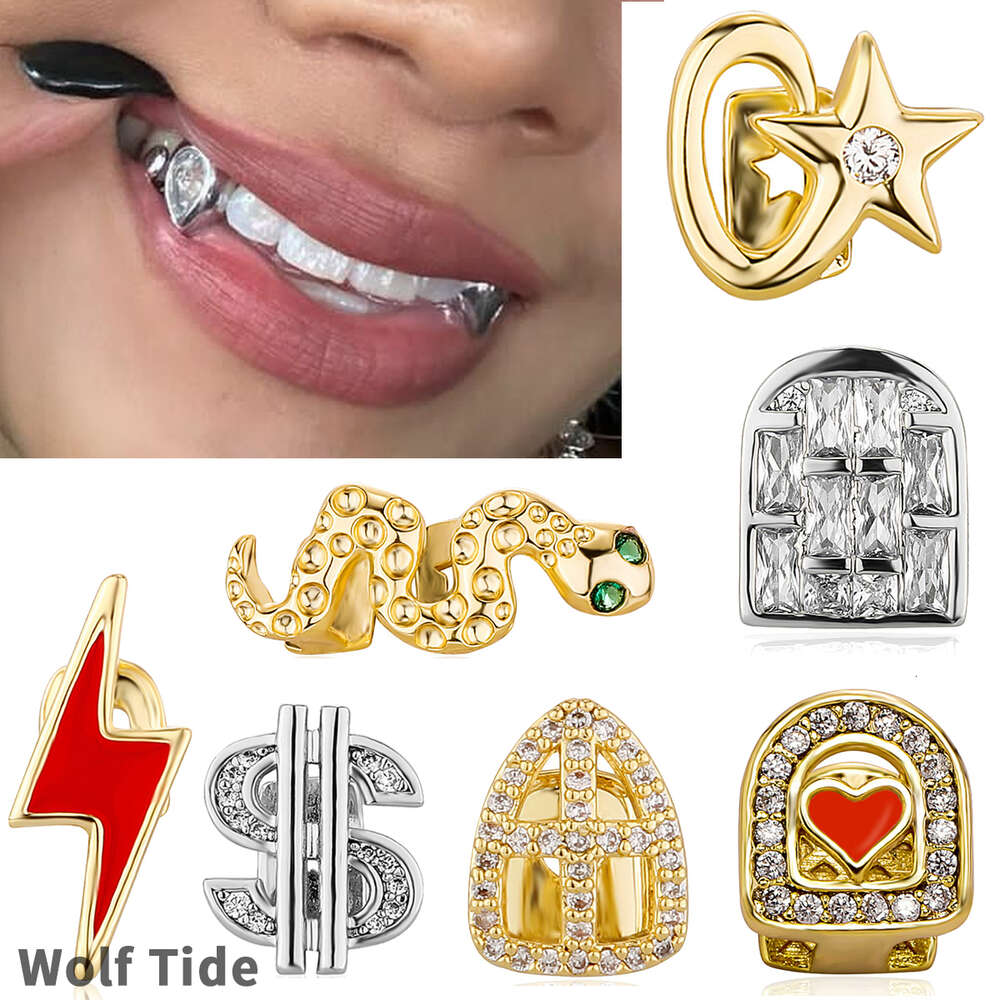 18K Gold Single Grillz Braces Hip Hop Iced Cubic Zirconia Pentagram Teeth Dental Mouth Fang Grills Tooth Cap Halloween Party Vampire Rapper Body Jewel