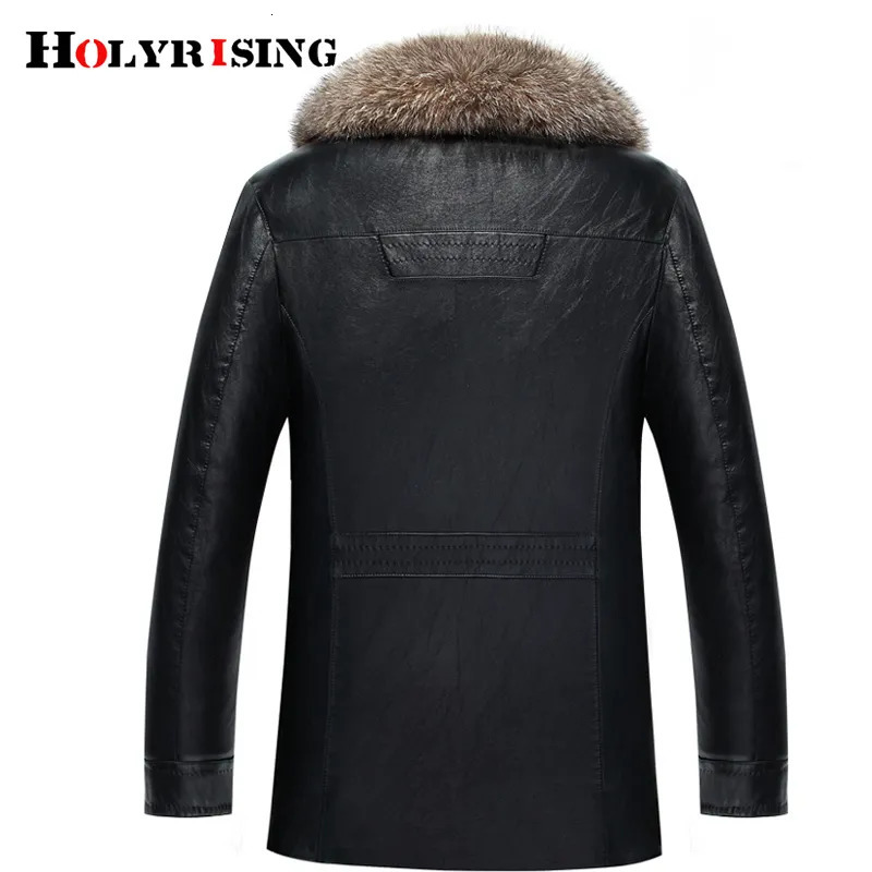 Men's Leather Faux Leather M-5XL Holyrising Real Raccoon Fur Collar Men Faux Leather Jackets Winter Thicken Coat jaqueta de couro chaqueta Men PU