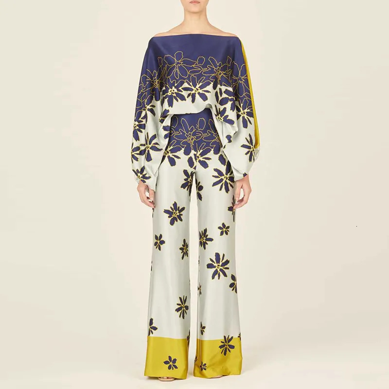 Women's Two Piece Pants Casual Satin Commuting Suit Fashion Hollow Off Shoulder Tops With Long Pants Women 2 Piece Sets Spring Loose Print Outfit