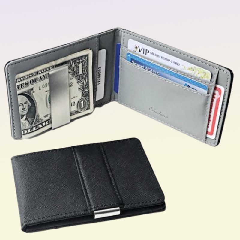 Fashion Solid Men039s Thin Bifold Money Clip Leather Wallet with A Metal Clamp Female