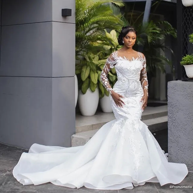 Sparkly African Women Plus Size Mermaid Wedding Dresses For Bride Beading Sequin Bridal Gowns Long Sleeves Vestidos De Boda