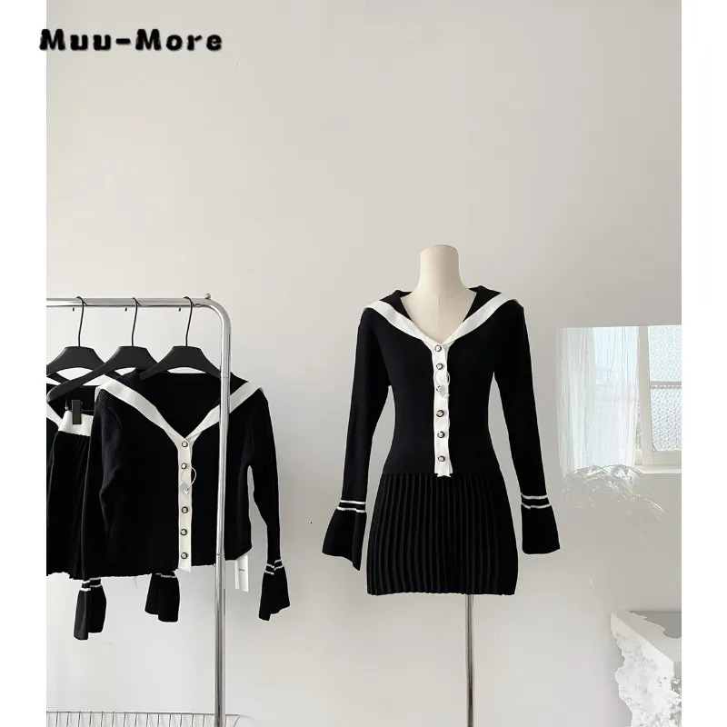 Two Piece Dress Women Vintage Sweet Long Sleeve Patchwork Slim Fit Mini Dresses Autumn Winter Elegant Casual Vneck Knitting ALine 230927