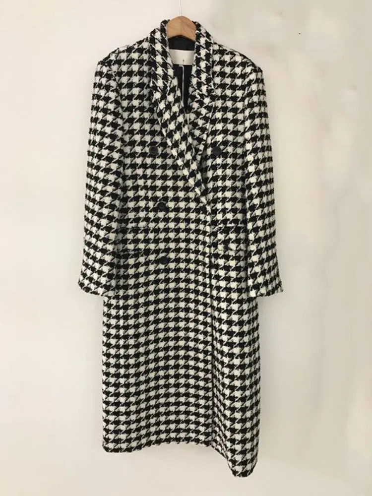 Women's Wool Blends Trench Coat for Women Tweed Wool Coat Korean Fashion Autumn Womens Winter Clothing Plaid Long Jacket Elegance Office Lady 230