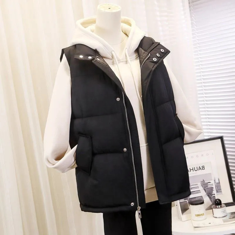 Womens Vests Winter Cotton Vest Women Warm Coat Turndown Collar Zipper Sleeveless Jacket Overcoat Loose Pocket Waistcoat Q386 230927