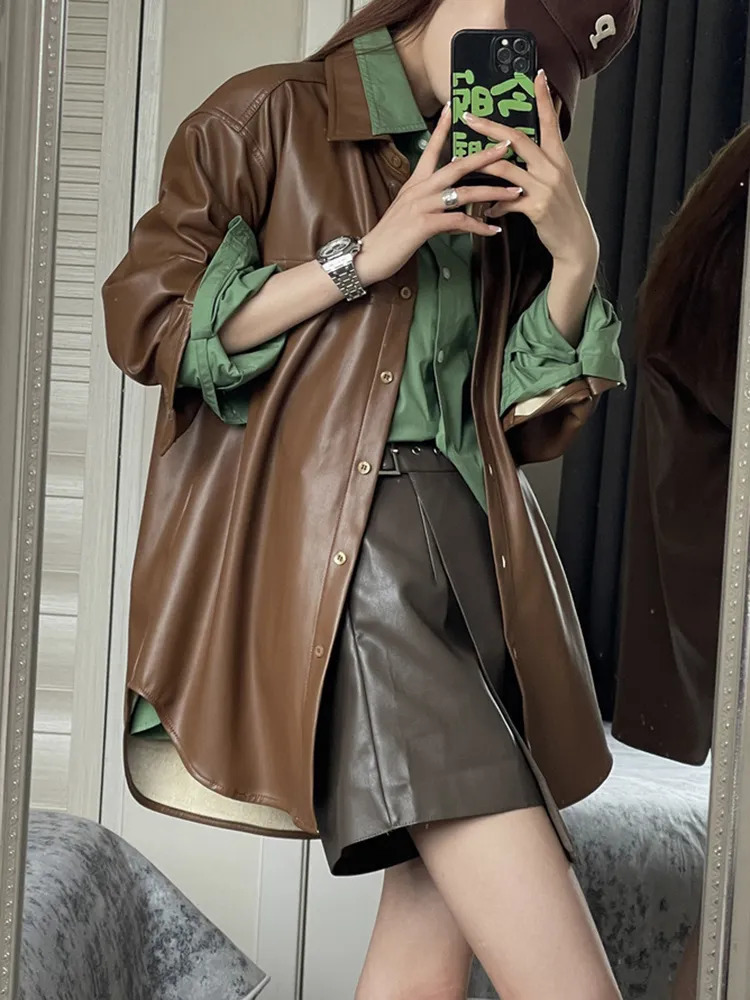 Womens Jackets Leather Women Autumn Single Breasted Long Sleeve Loose Coats Vintage Fashion Turndown Collar Brown Outerwear 230927