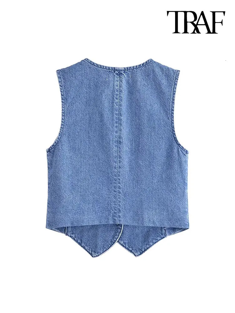 Women's Vests TRAF Women Fashion Front Button Denim Waistcoat Vintage V Neck Sleeveless Female Outerwear Chic Tops 230927