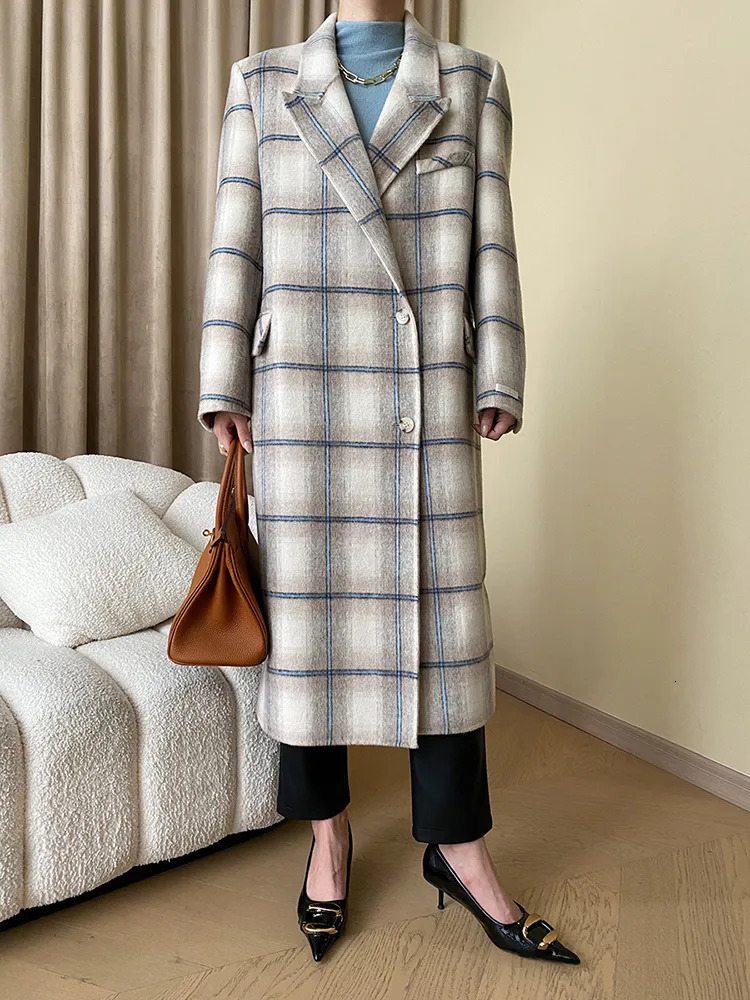 Womens Wool Blends LANMREM Woolen Plaid Outwear For Women Single Breasted Contrast Color Long Sleeve Elegant Coats High End Winter 26D63 230927