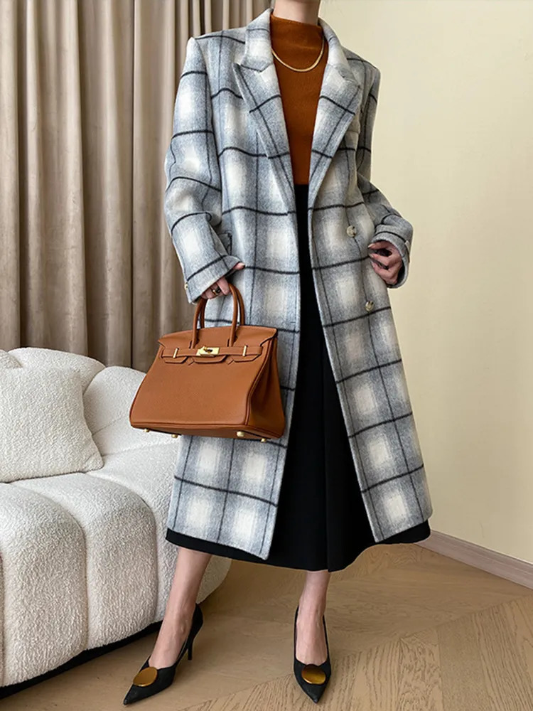 Womens Wool Blends LANMREM Woolen Plaid Outwear For Women Single Breasted Contrast Color Long Sleeve Elegant Coats High End Winter 26D63 230927