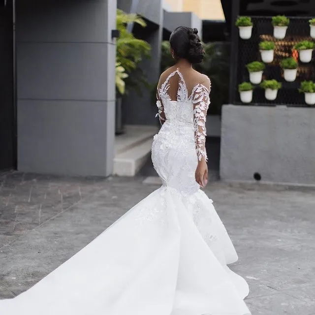 Sparkly African Women Plus Size Mermaid Wedding Dresses For Bride Beading Sequin Bridal Gowns Long Sleeves Vestidos De Boda