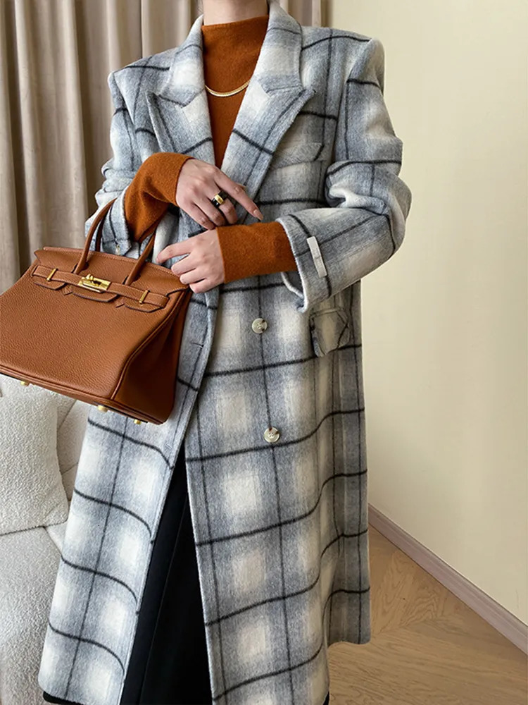 Womens Wool Blends LANMREM Woolen Plaid Outwear For Women Single Breasted Contrast Color Long Sleeve Elegant Coats High End Winter 26D63 230927