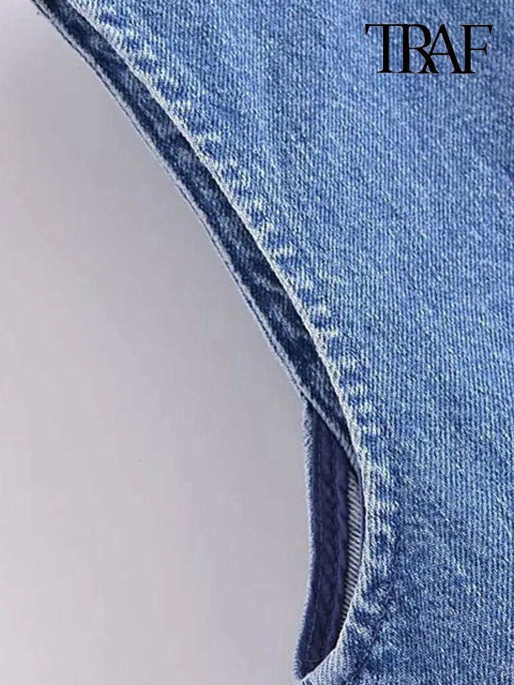 Women's Vests TRAF Women Fashion Front Button Denim Waistcoat Vintage V Neck Sleeveless Female Outerwear Chic Tops 230927