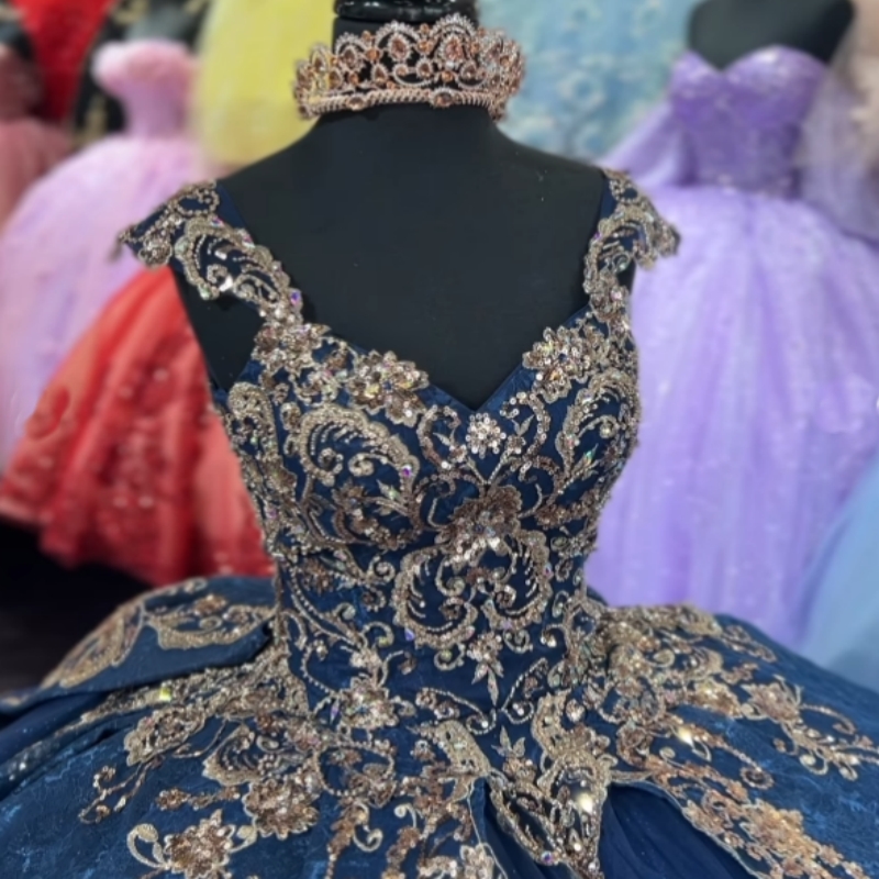 Navy Blue Princess Gold Appliques Lace Quinceanera Dress for Party Sweep Train Off Shoulder Gold Florals Corset vestidos de 15