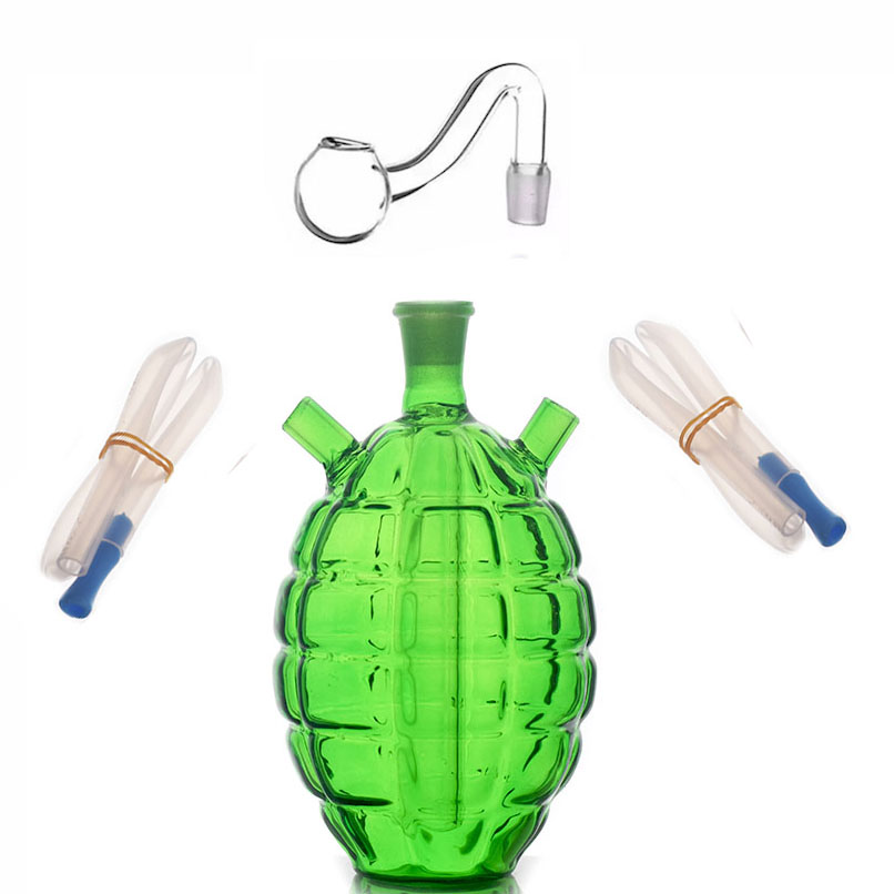 Wholesale Grenade Mini hookah Double joint 10mm female Creative Glass oil burner bong water dab rig bongs pipe with silicone hose and smoking bowl