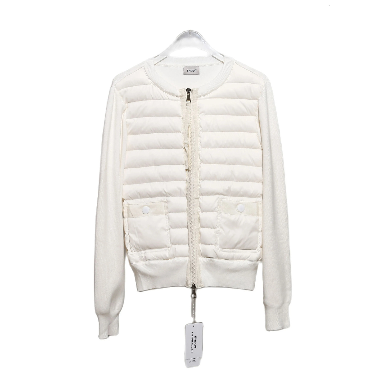 Womens Down Parkas Spring and autumn womens thin crewneck knitted sweater stitching down jacket 90 white duck slim casual fashion coat 230927
