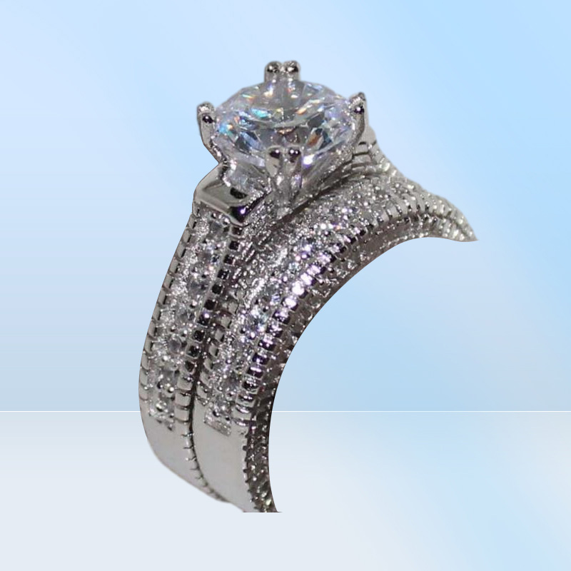 925 Silver Wedding Band Ring Set Sz 512 Top Simulated Diamonds Engagement Jewelry for Women