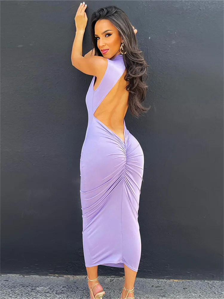 Basic Casual Dresses WJFZQM Basic Elegant Bodycon Maxi Dress Sexy Sleeveless Backless Ruched Dress Women Casual Streetwear Summer Y2K Clothing 230928
