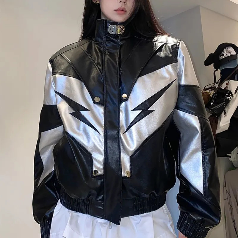 Womens Jackets Lightning Y2k Jacket Motorcycle PU Leather Overcoat Autumn Female Vintage Zipper Lapel Bicycle Cool Personal Street Oversize Top 230927