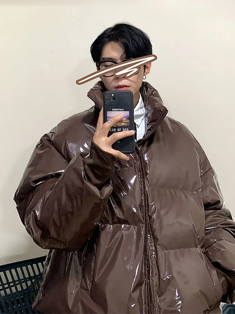 Men's Down Parkas Y2K Solid PU Leather Jacket Winter Stand Collar Bright Leather Padded Coat Men Korean Refraction Surface Hooded Thickened Jacke