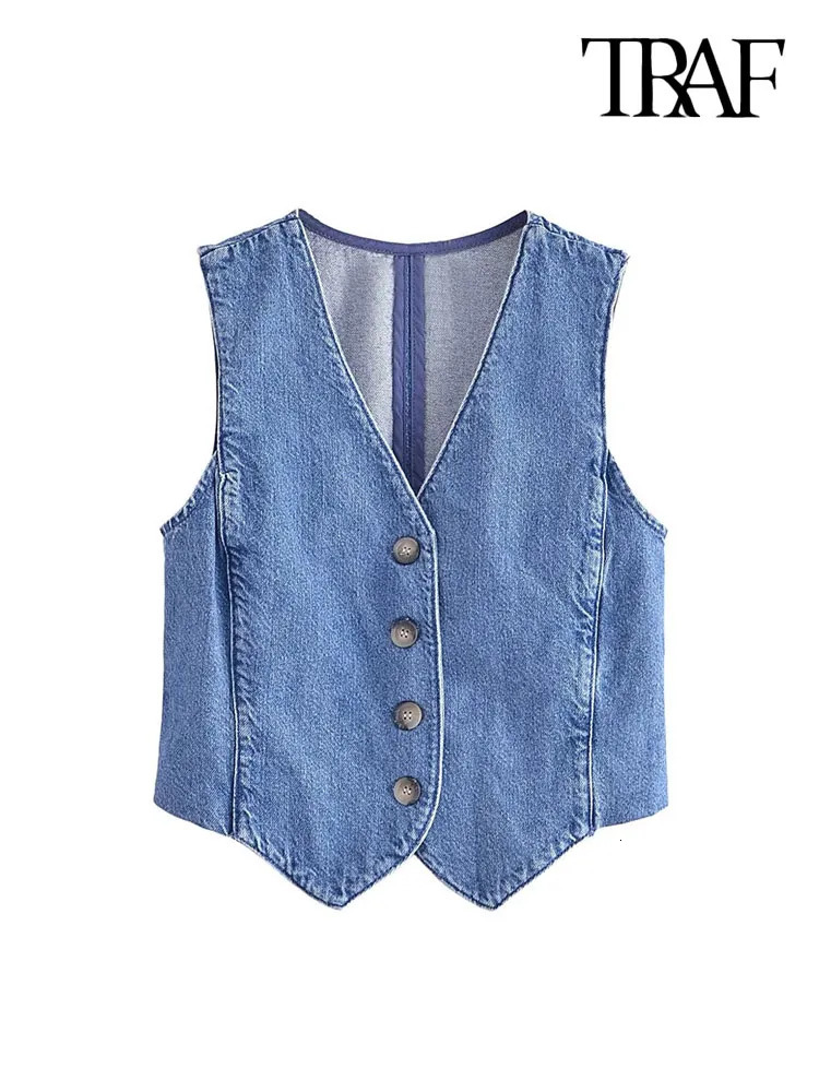 Women's Vests TRAF Women Fashion Front Button Denim Waistcoat Vintage V Neck Sleeveless Female Outerwear Chic Tops 230927
