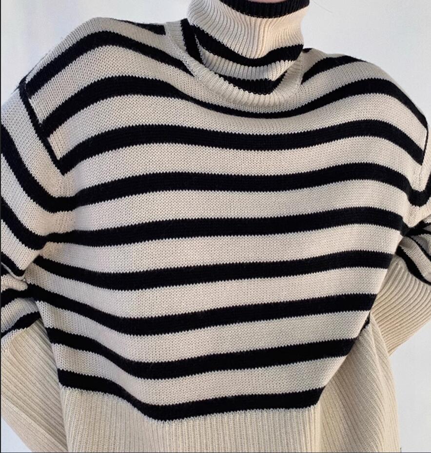 Design Sensation Blast Street Black and White Stripe Sweater for Women 2023 Autumn/Winter New Loose Outerwear Slouchy High Neck Knit