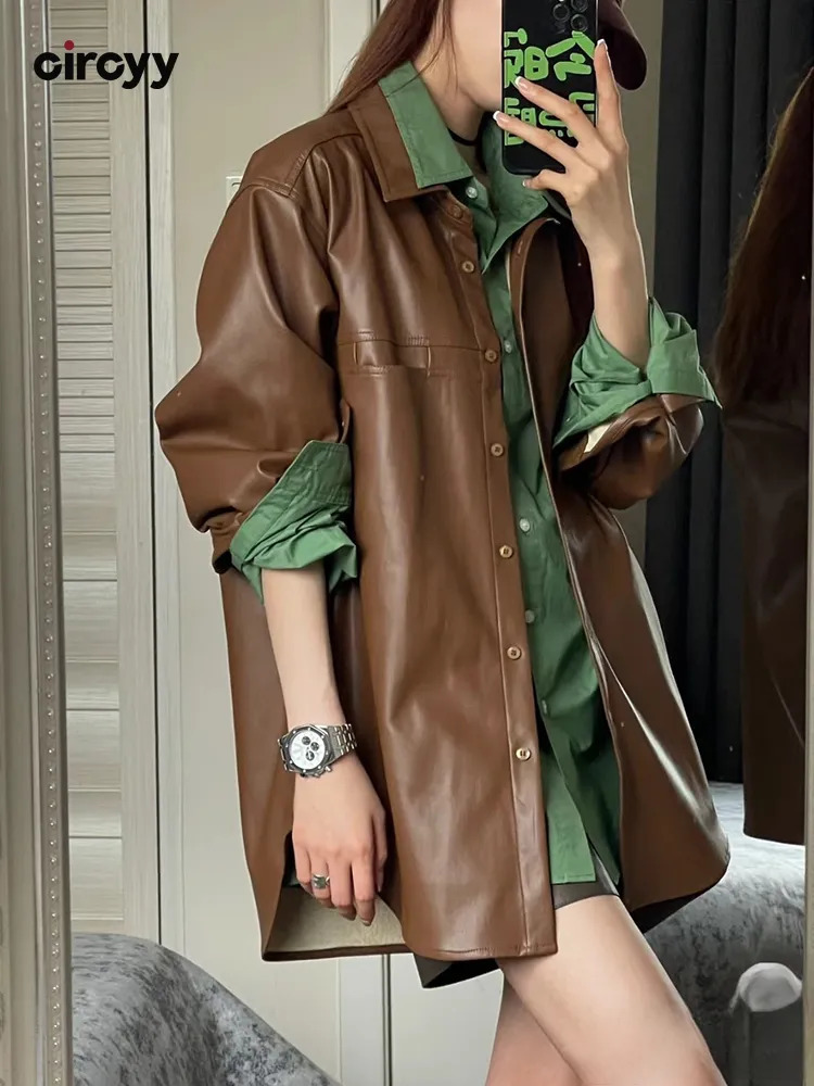 Womens Jackets Leather Women Autumn Single Breasted Long Sleeve Loose Coats Vintage Fashion Turndown Collar Brown Outerwear 230927
