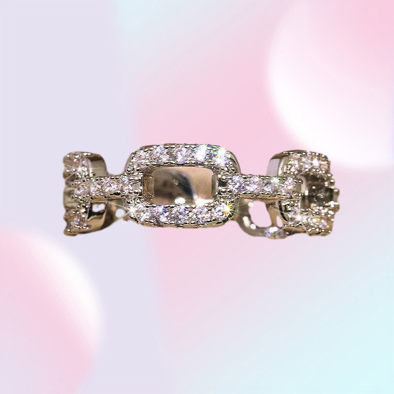 925 New Silver Color Chain Ring with Bling Zircon Stone Rings for Women Wedding Engagement Fashion Jewelry Gift Q07084543698