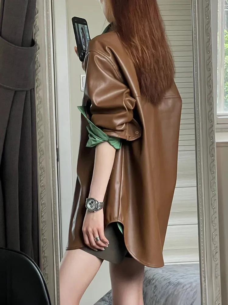 Womens Jackets Leather Women Autumn Single Breasted Long Sleeve Loose Coats Vintage Fashion Turndown Collar Brown Outerwear 230927