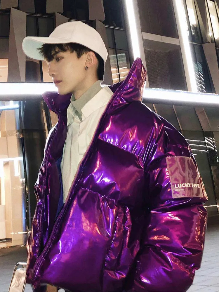 Men's Down Parkas Y2K Solid PU Leather Jacket Winter Stand Collar Bright Leather Padded Coat Men Korean Refraction Surface Hooded Thickened Jacke