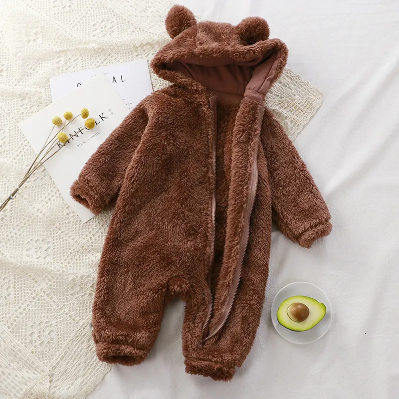 Rompers Winter Warm Baby Romper Coral Fleece Cartoon Bear Hooded Boys Girls born Infant Jumpsuit Clothes Soft Pajama Overalls 230927