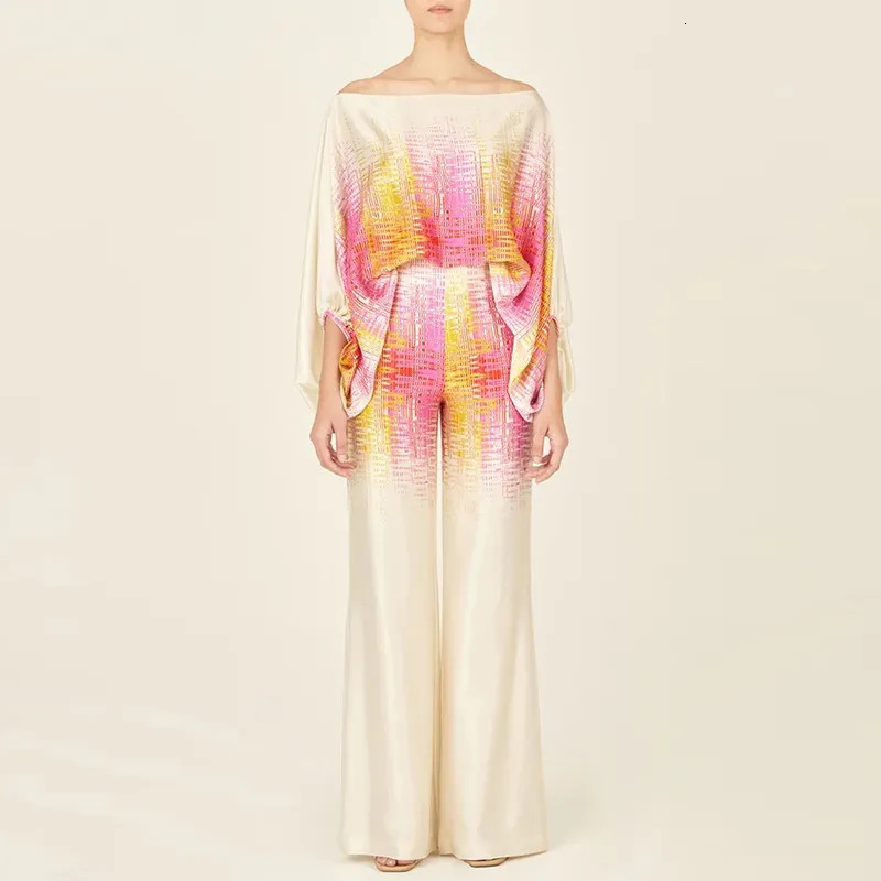 Women's Two Piece Pants Casual Satin Commuting Suit Fashion Hollow Off Shoulder Tops With Long Pants Women 2 Piece Sets Spring Loose Print Outfit