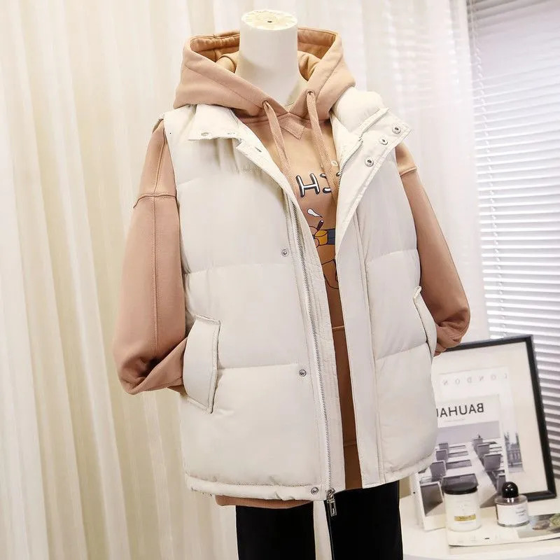 Womens Vests Winter Cotton Vest Women Warm Coat Turndown Collar Zipper Sleeveless Jacket Overcoat Loose Pocket Waistcoat Q386 230927