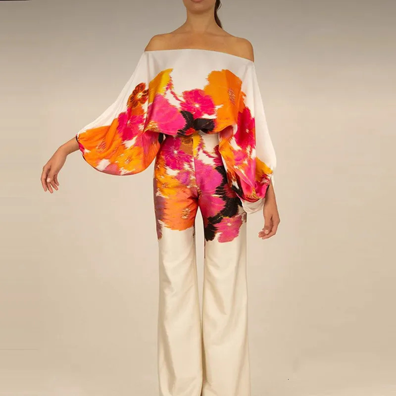 Women's Two Piece Pants Casual Satin Commuting Suit Fashion Hollow Off Shoulder Tops With Long Pants Women 2 Piece Sets Spring Loose Print Outfit