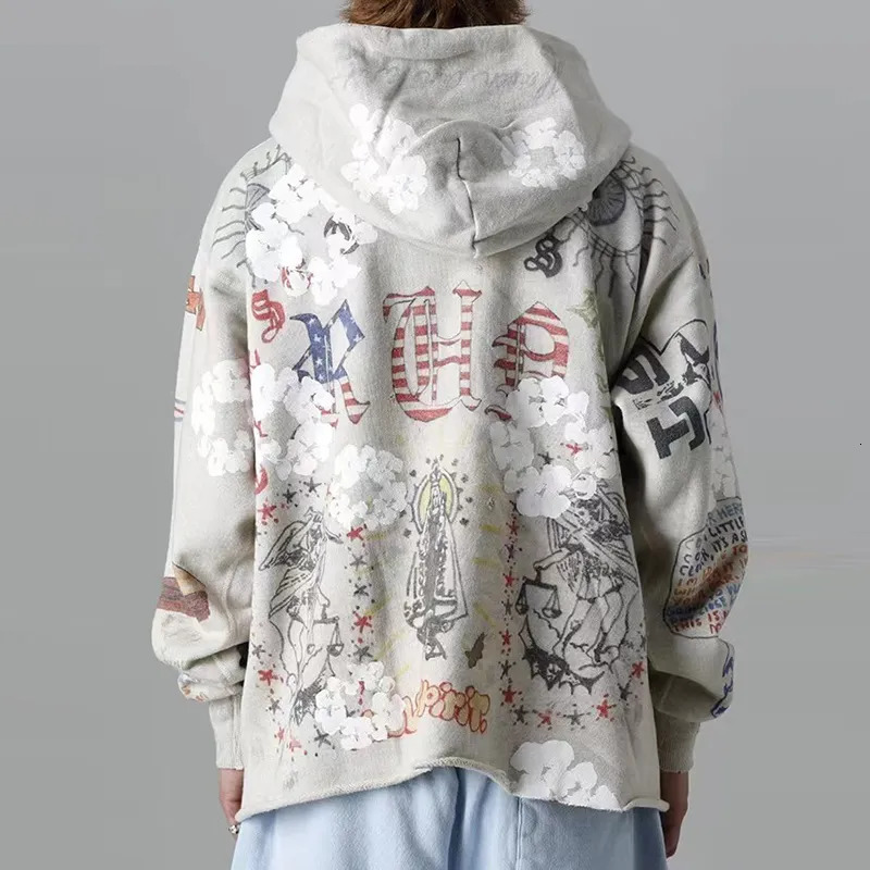 Men's Hoodies Sweatshirts Harajuku Retro Kapok Graffit Casual Hooded Hoodies Men and Women Streetwear Oversized Terry Sweatshirts Loose Hip Hop H