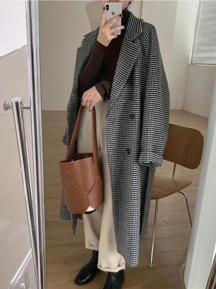 Women's Wool Blends Trench Coat for Women Tweed Wool Coat Korean Fashion Autumn Womens Winter Clothing Plaid Long Jacket Elegance Office Lady 230