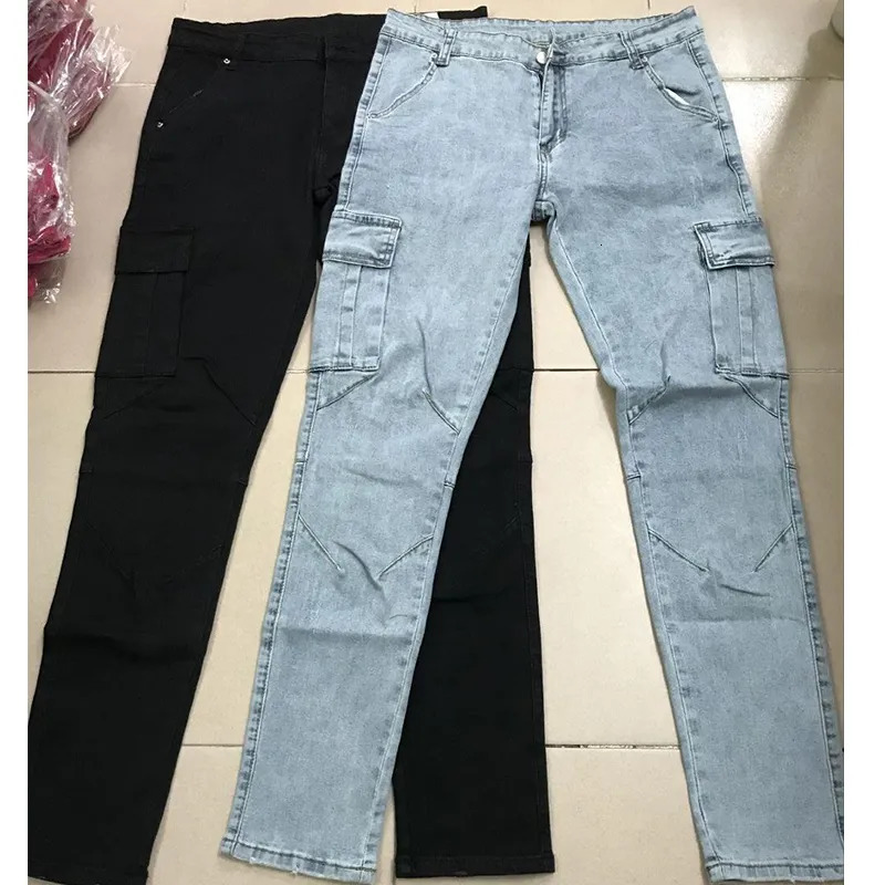 Mens Jeans Men Pants Wash Solid Color Multi Pockets Denim Mid Waist Cargo Plus Size Fahsion Casual Trousers Male Daily Wear 230927