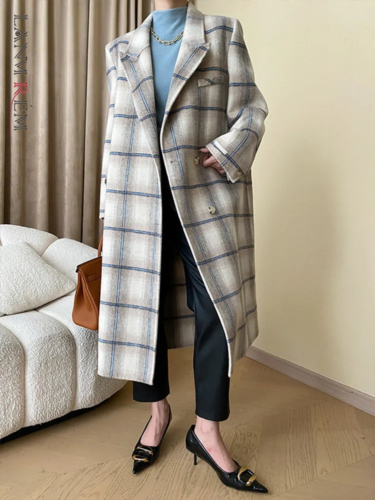 Womens Wool Blends LANMREM Woolen Plaid Outwear For Women Single Breasted Contrast Color Long Sleeve Elegant Coats High End Winter 26D63 230927