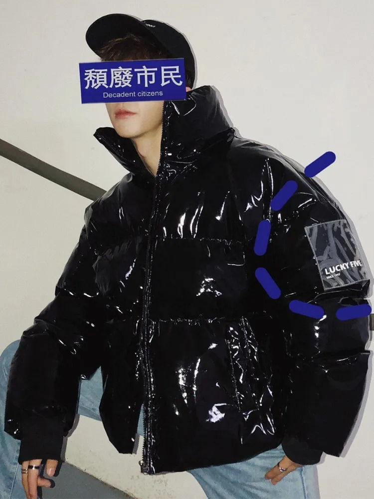 Men's Down Parkas Y2K Solid PU Leather Jacket Winter Stand Collar Bright Leather Padded Coat Men Korean Refraction Surface Hooded Thickened Jacke