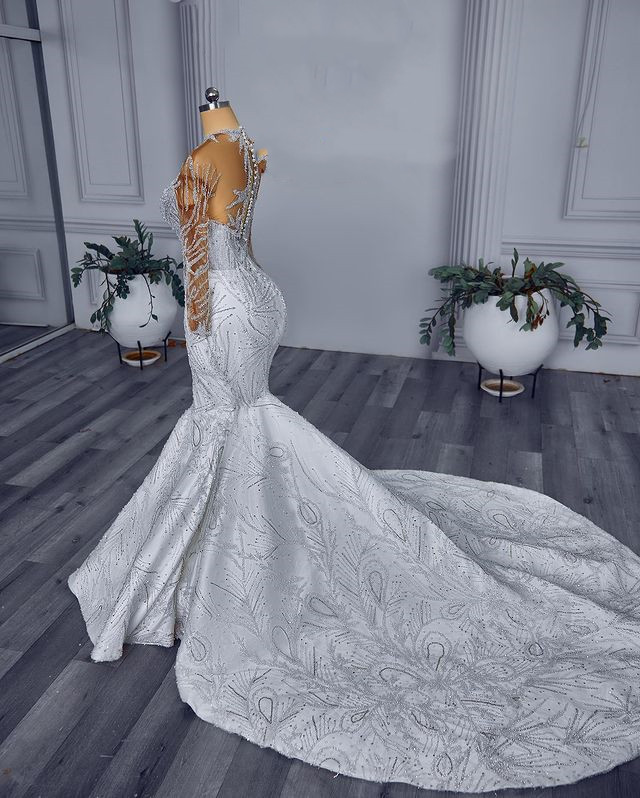 2023 Oct Arabic Aso Ebi Plus Size White Mermaid Wedding Dress Beaded Crystals Luxurious Bridal Gowns Dresses ZJ055