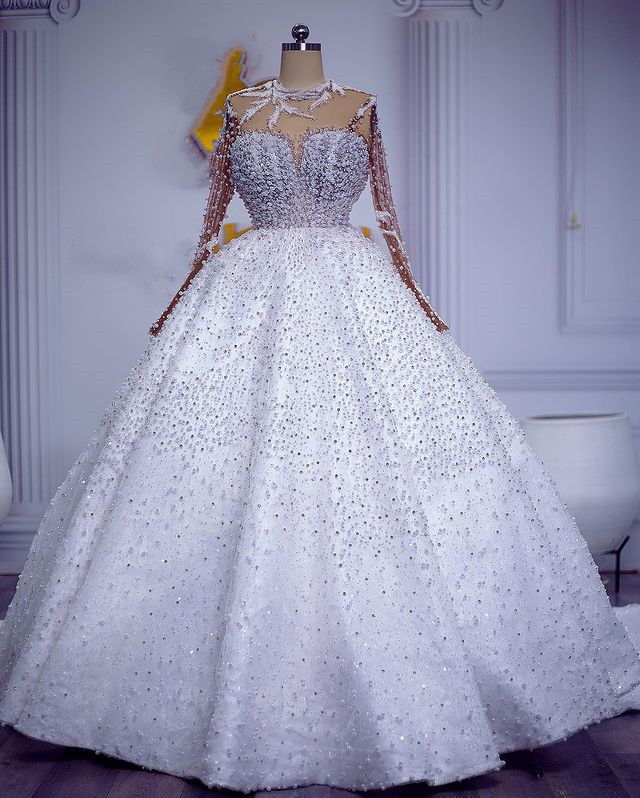 2023 Oct Arabic Aso Ebi Plus Size Luxurious White Wedding Dress Pearls Beaded Ball Gown Bridal Gowns Dresses ZJ066